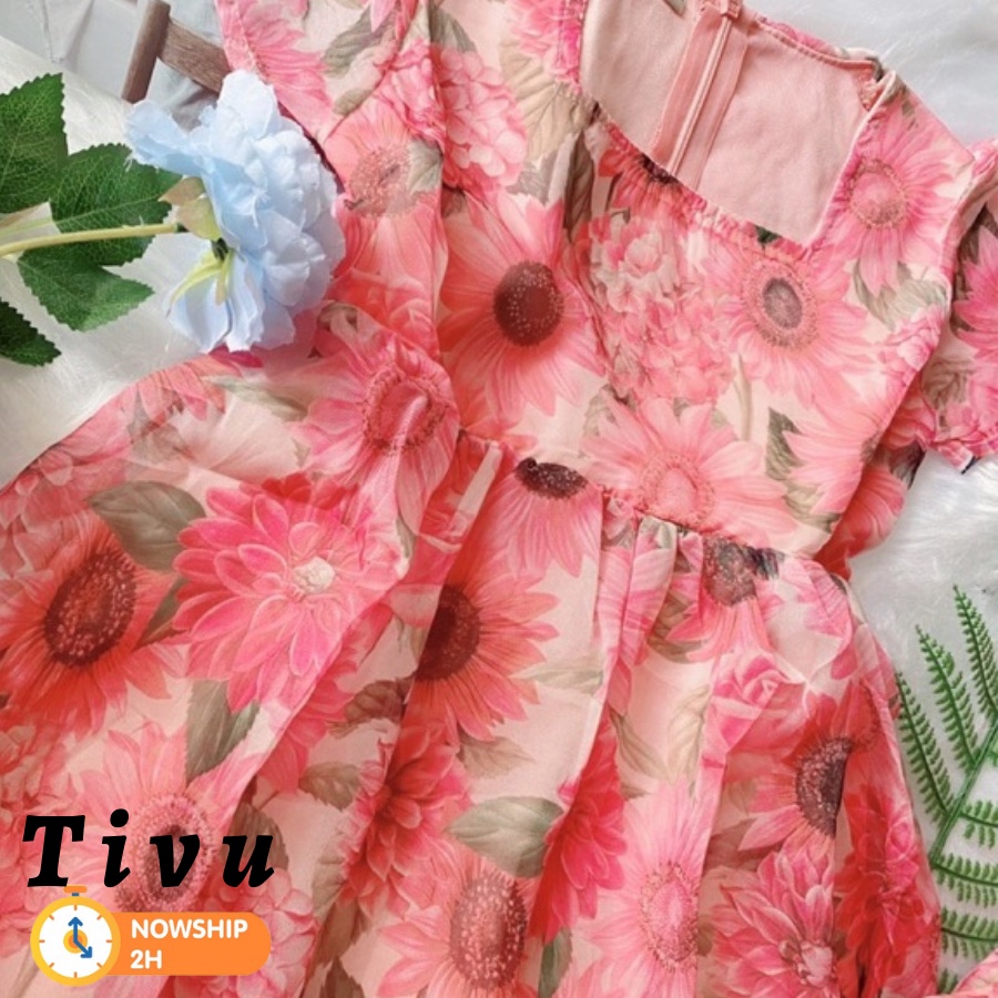 Đầm đôi mẹ và bé - Mẫu đầm voan hoa hướng dương Mẹ và Bé 3 size M L XL.