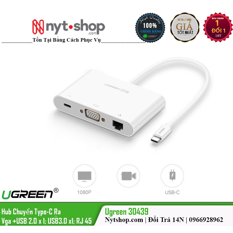 Cáp Chuyển Đổi USB Type C To VGA + Hub USB 2.0 &amp; USB 3.0 hỗ trợ Lan 10/100Mbps Ugreen 30439