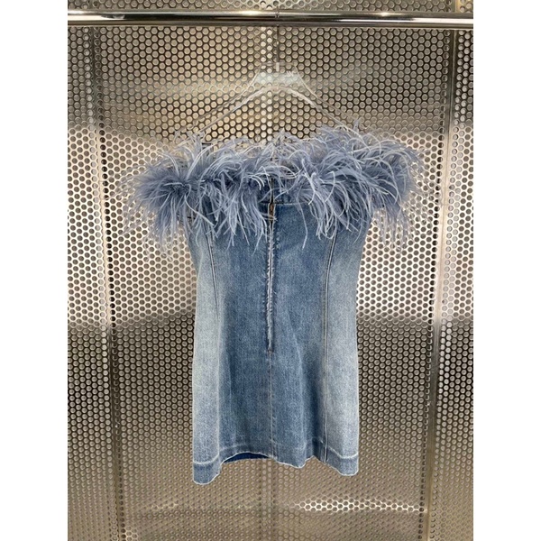 Đầm jeans ôm chễ vai tua rua sexy thương hiệu YSL cao cấp