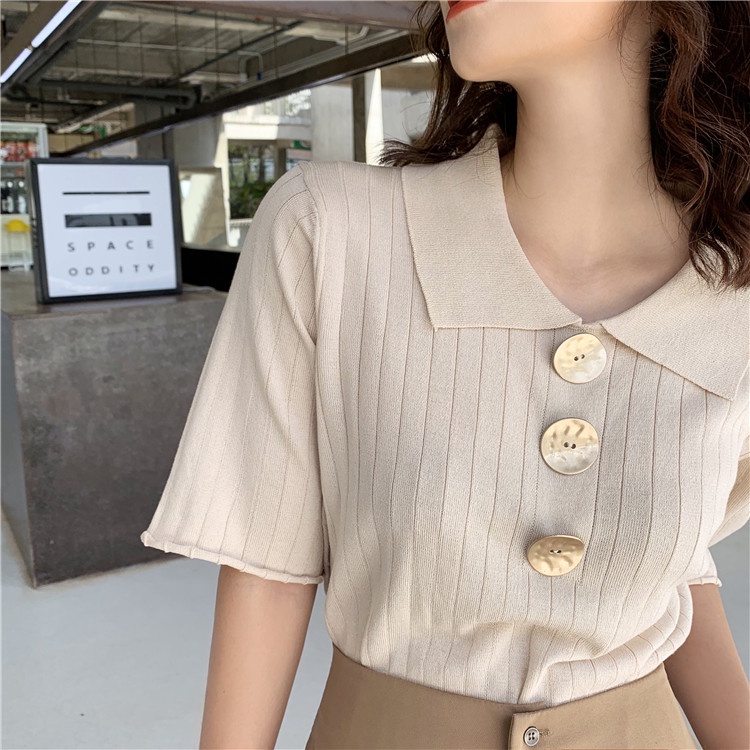Áo Thun Dệt Kim Tay Ngắn Dáng Ôm Phong Cách Hàn Quốc