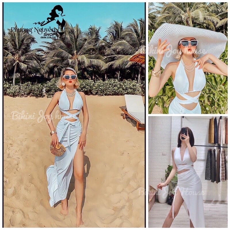 Bikini dây cột chéo phối chân váy dài 2 màu