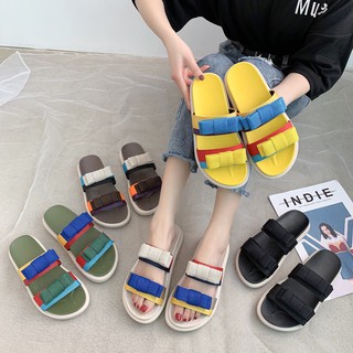 Dép sandal nữ 2 quai nơ với 4 màu nâu, đen, xanh, vàng cá tính hót 2020