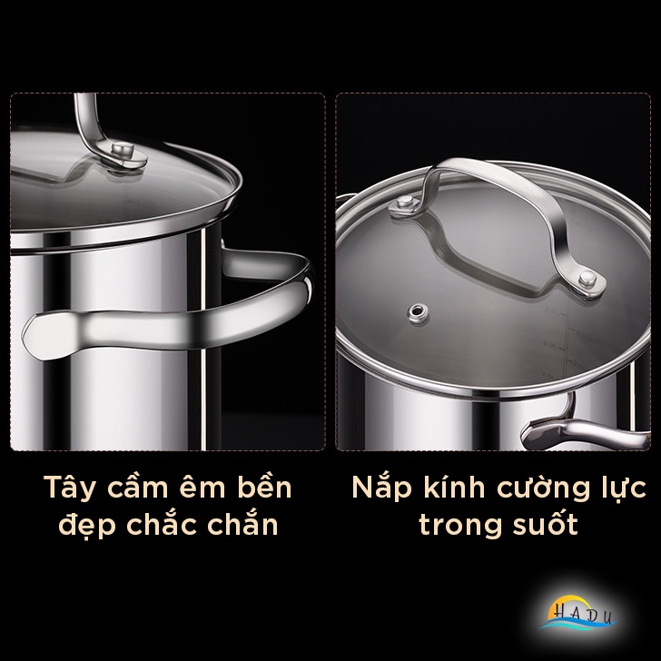 Nồi luộc gà bếp từ 3 đáy inox 304 cao cấp chất lượng đẹp sáng bóng chắc chắn an toàn nắp kính cường lực trong suốt HADU