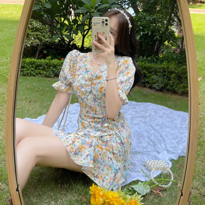 Đầm tay ngắn hoạ tiết hoa phong cách Hàn Quốc cho phái nữ