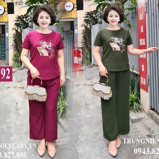 Bộ đồ mặc nhà thanh lịch tuổi trung niên 💞FREESHIP💞 họa tiết thêu cao cấp, vải đanh lỳ, không xù, giặt máy thoải mái