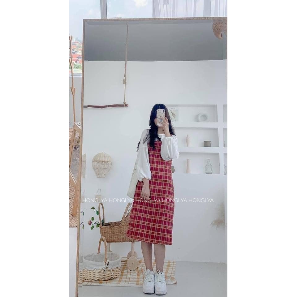 [Ảnh thật] Set áo và yếm kẻ caro phong cách ulzzang