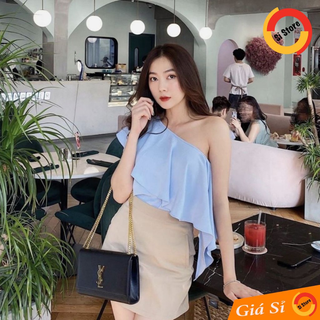 Áo Lệch Vai Bèo Xéo Chất Liệu Đũi (XANH)