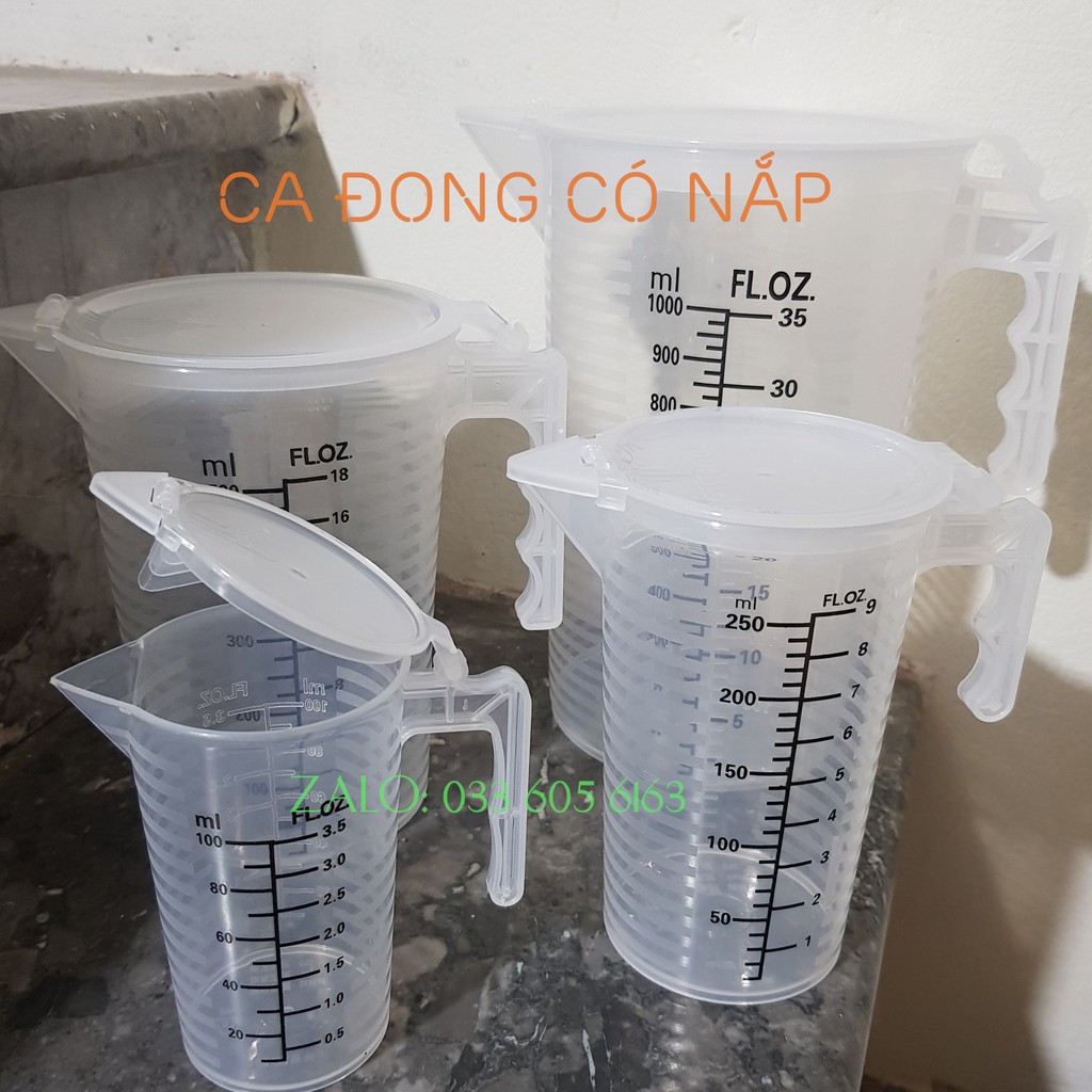 CA ĐONG (LY ĐONG) THỂ TÍCH BẰNG NHỰA 100ML 250ML 500ML 1000ML CÓ NẮP ĐẬY VỚI 2 BÊN VẠCH CHIA