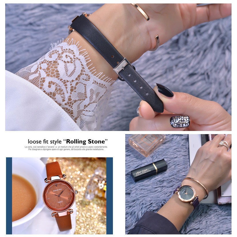 Đồng hồ nữ DOUKOU 71845 mặt vát 3D dây da mềm Bán lẻ giá sỉ