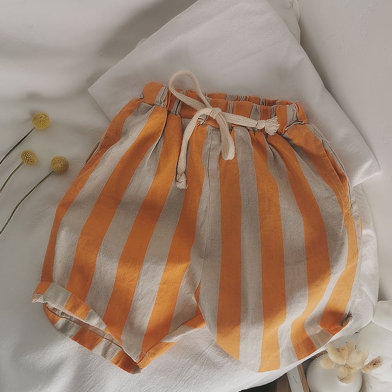 [Babycat] Hàng Có Sẵn Quần Short Linen Kẻ Sọc Rộng Bảo Vệ Môi Trường Phong Cách Nhật Hàn Retro Nhật Bản Thời Trang Mùa Hè Cho Trẻ Em 2022