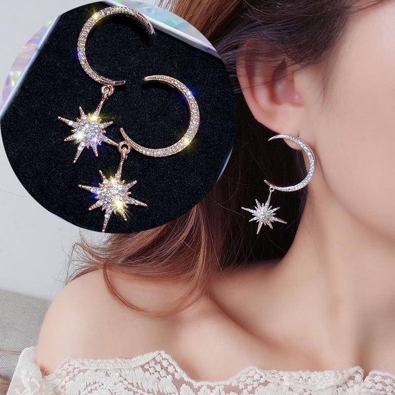 Bông Tai Mạ Bạc 925 Dáng Dài Hình Trăng Sao Đính Đá Thời Trang Hàn Quốc Cho Nữ