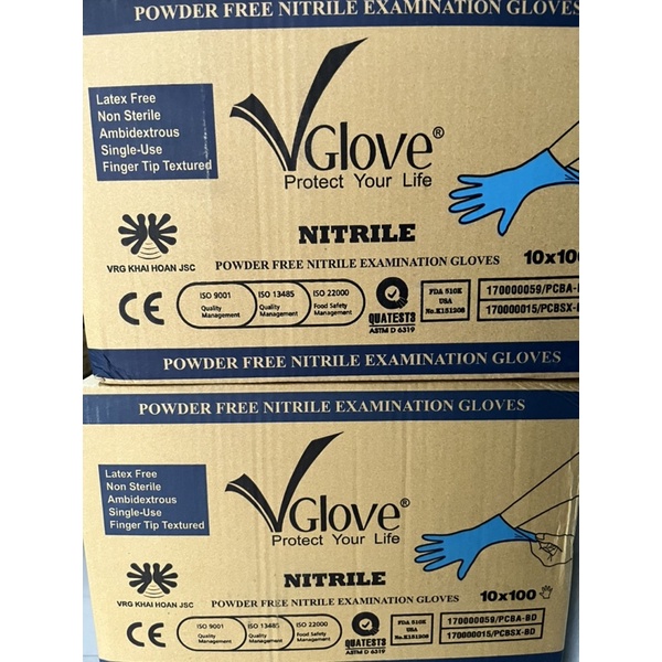 Găng tay y tế  khám bệnh Nitrile Vglove màu xanh , hộp 100 cái , size S L XL