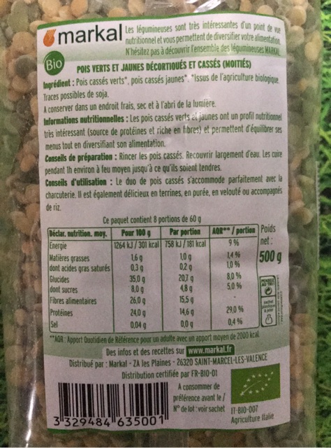 Đậu Hà Lan hữu cơ Markal (xanh &amp; vàng) 500g