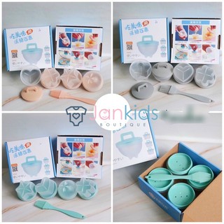 Set khuôn hấp trứng, làm bánh ăn dặm cho bé (Bộ 4 khuôn nhựa chịu nhiệt + tặng chổi silicon quét dầu)