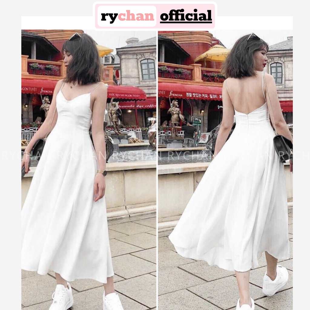 DM559 - Đầm Maxi Trắng Hai Dây Hở Lưng Đi Du Lịch Biển