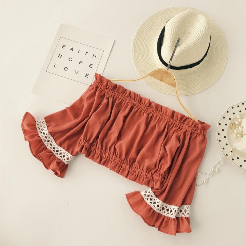 [Baywellfashion]Áo kiểu trễ vai tay loe họa tiết xếp ly thời trang nữ tính | BigBuy360 - bigbuy360.vn