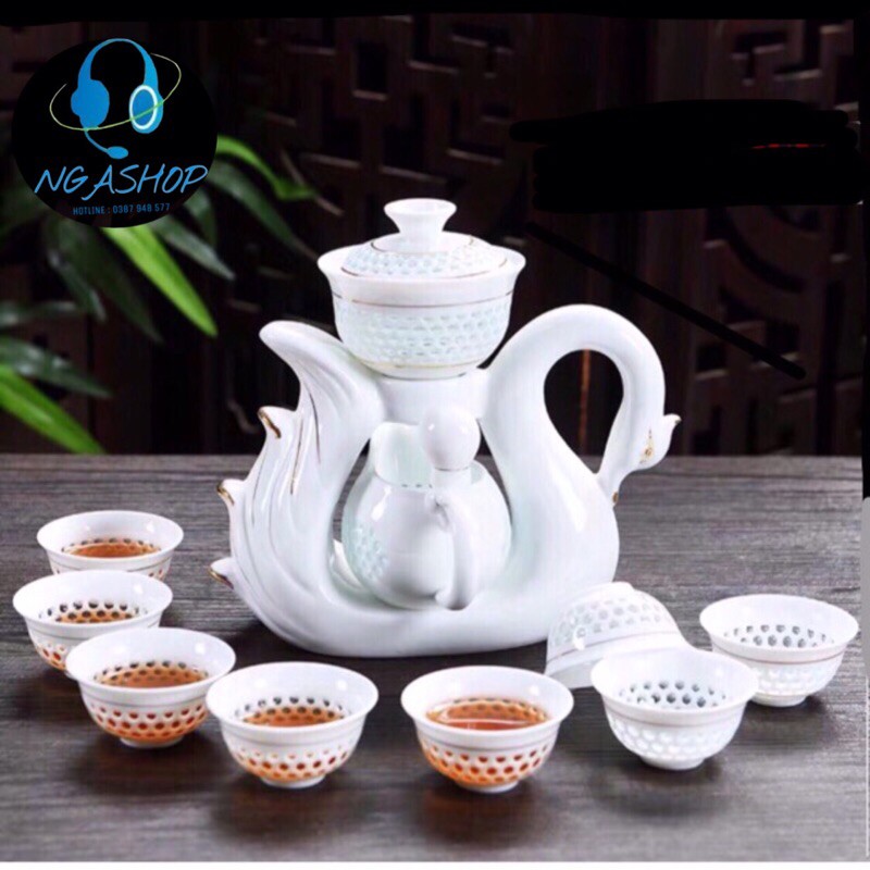 Bộ ấm chén pha trà đẹp cối xay gốm sứ tử sa cao cấp,Bộ chén uống trà đạo chim thiên nga 11 chi tiết màu trắng giá rẻ