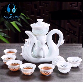 Bộ ấm chén pha trà đẹp cối xay gốm sứ tử sa cao cấp,Bộ chén uống trà đạo chim thiên nga 11 chi tiết màu trắng giá rẻ