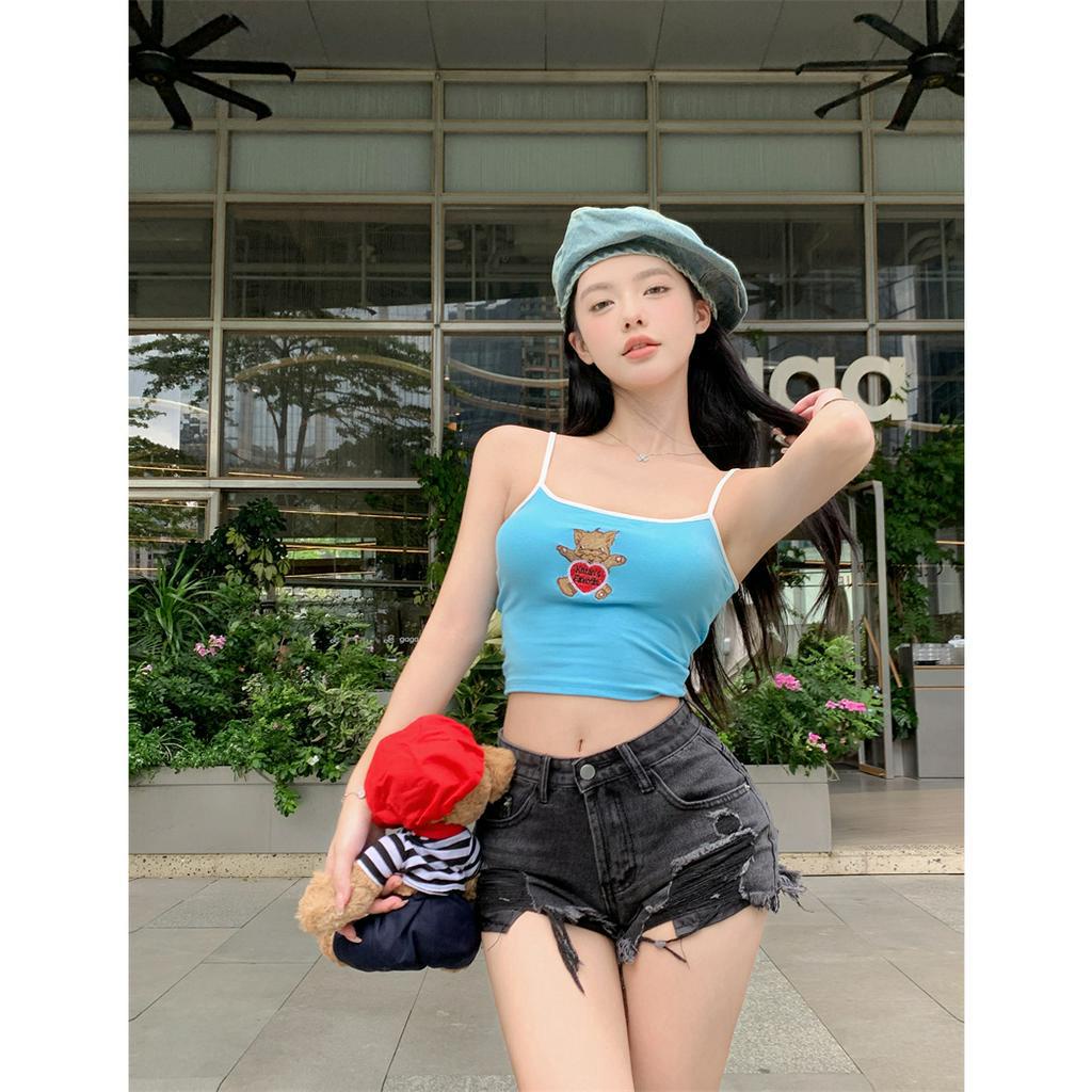 Cocory vn Áo Tank Top Hai Dây Màu Vàng Thêu Họa Tiết Thời Trang Mùa Hè Quyến Rũ Cho Nữ