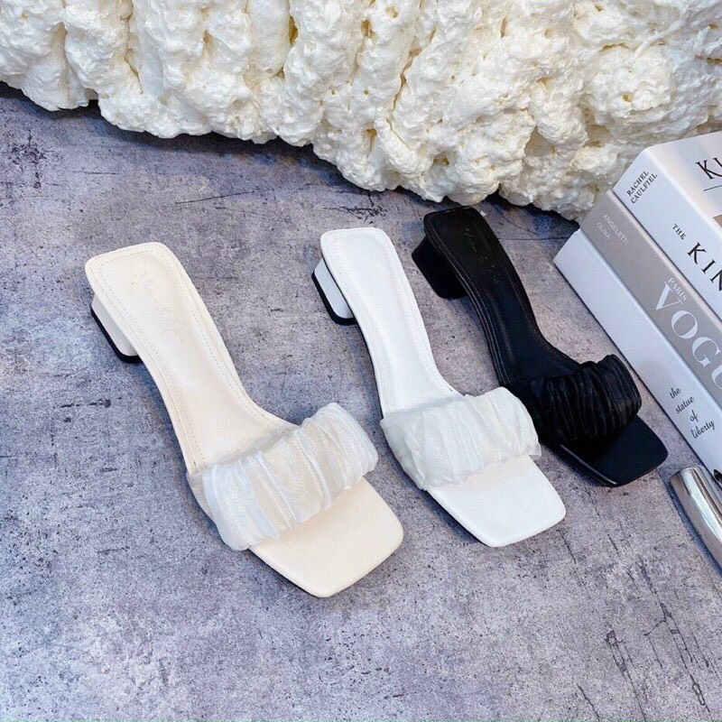 Dép lê nữ quai bèo gót 3p chất lụa mẫu mới lên chân cực xinh mã V59