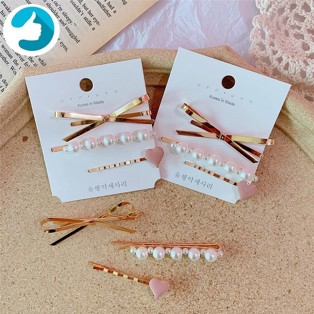 Set 3 kẹp tóc đính ngọc trai/hình trái tim/nơ phong cách Hàn Quốc ngọt ngào xinh xắn