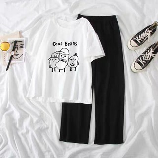 Sét Bộ Đồ Quần Áo Nữ, Áo Phông Cotton Mát Mịn In Hoạt HÌnh Kèm Quần Thun Suông Mặc Đi Chơi Phong Cách Hàn Quốc