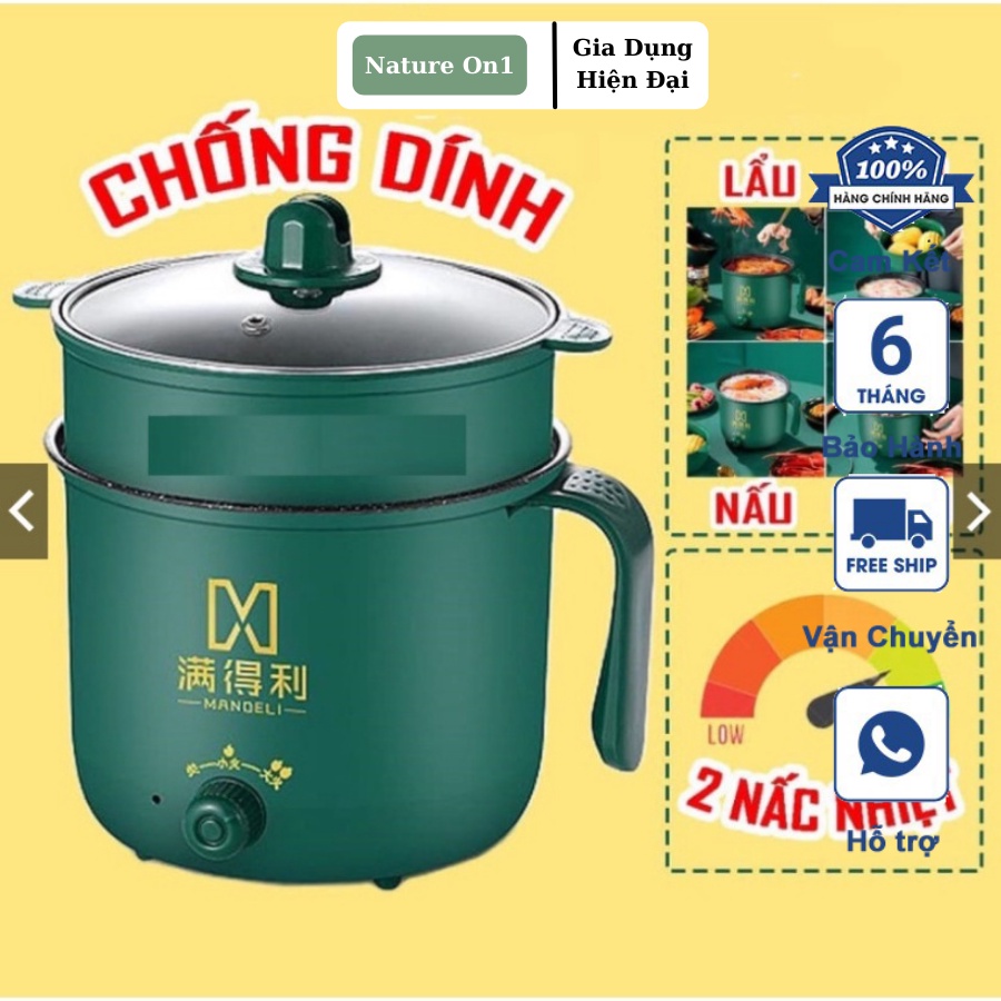 Nồi Lẩu Điện Đa Năng Mini Núm Xoay 2 NẤC NHIỆT Kèm Giá Hấp 1,8L - Ca Nấu Mì,Nấu Cơm 2 Tầng Chống Dính Cao Cấp