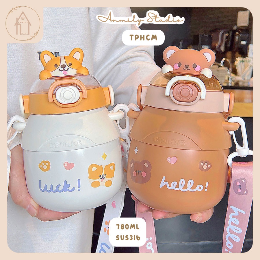 Bình giữ nhiệt cute ANMILY CUP 780ml  hình dáng dễ thương có ống hút kèm theo thép không rỉ SUS316 cao cấp