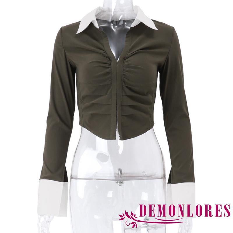 Áo Thun Crop Top Tay Dài Màu Sắc Tương Phản Phong Cách Retro Dành Cho Nữ