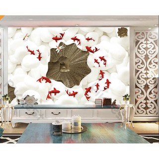Tranh phong thủy hoa sen nổi trên bề mặt cá chép sinh động, tranh dán tường 3d hiện đại (tích hợp sẵn keo) MS687875