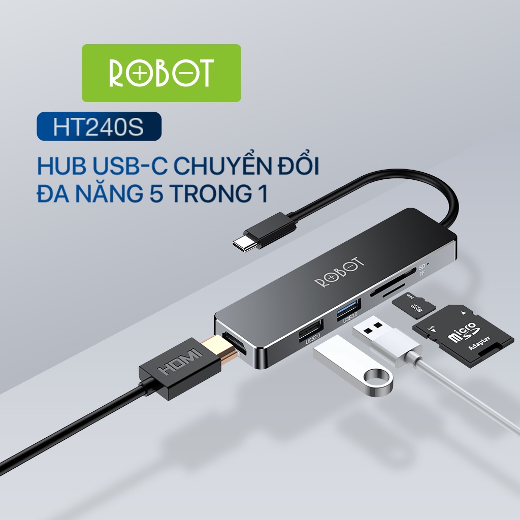 HUB USB-C Chuyển Đổi Đa Năng 5 In 1 ROBOT HT240S Type-C To USB 3.0/HDMI/PD/SD/TF