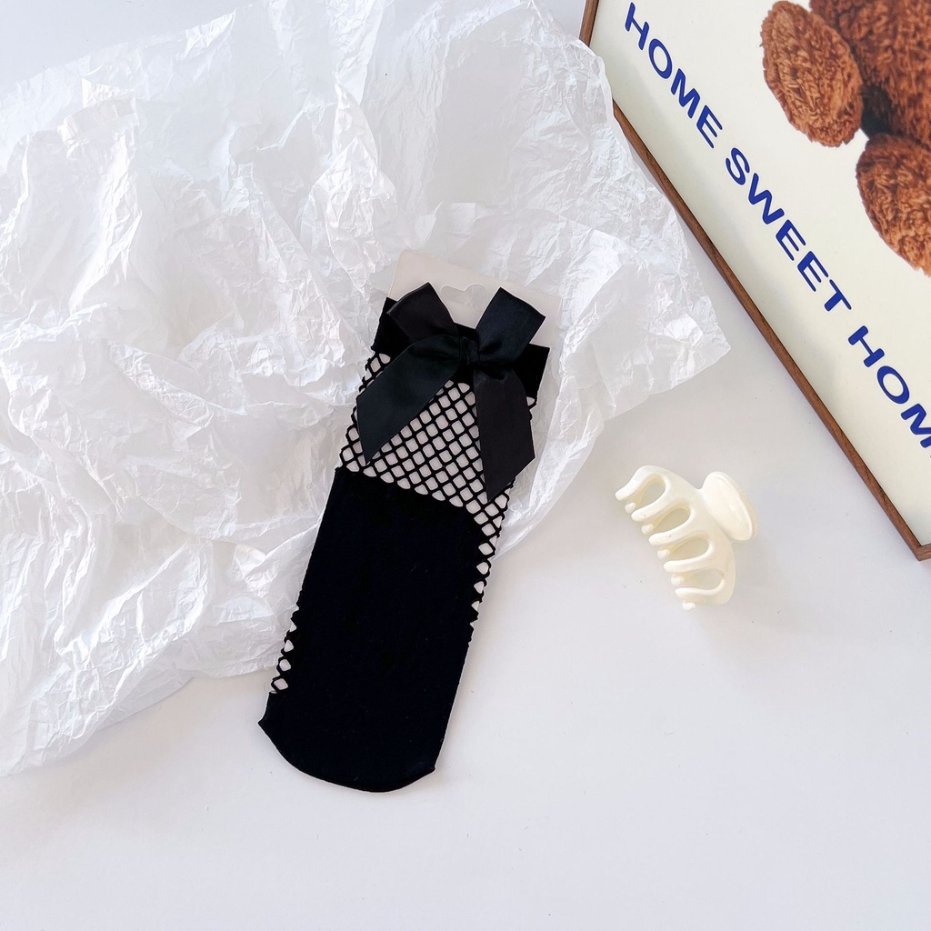 Japanese Lady Lolita Princess Sweet Socks White Bow Fishnet Socks Korean Version Black Lace Fishnet Socks