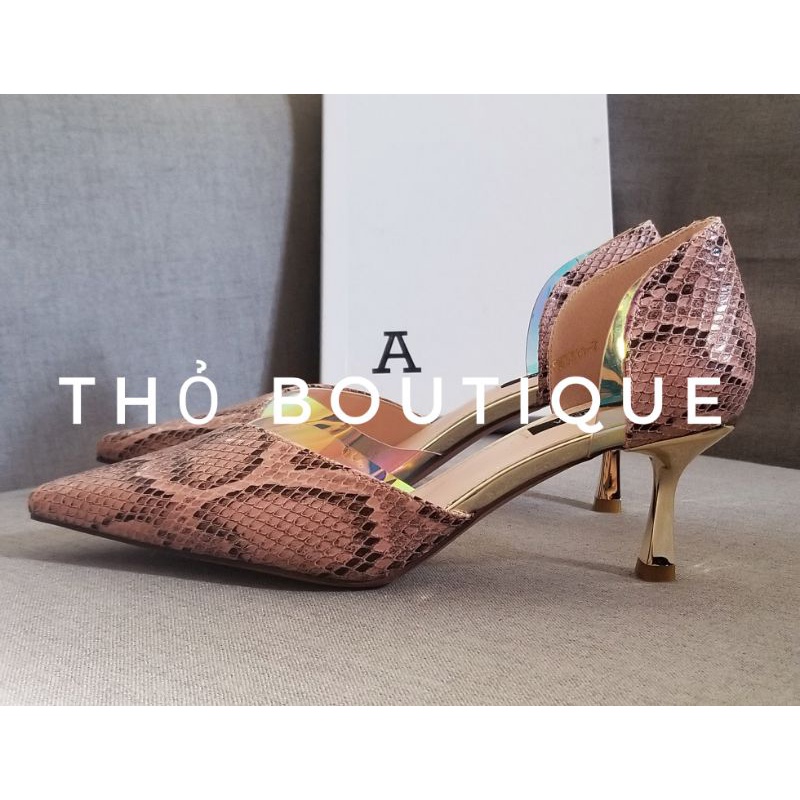 Giày cao gót ADWEINA chính hãng hoạ tiết da rắn phối mica 6cm size 38.5