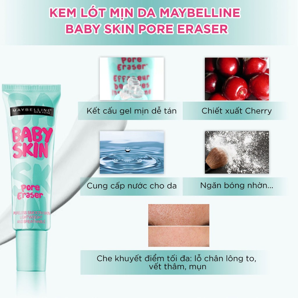 Kem lót Maybelline New York Baby Skin Pore Eraser Primer 22ml Kem Lót Mịn Da, Che Khuyết Điểm