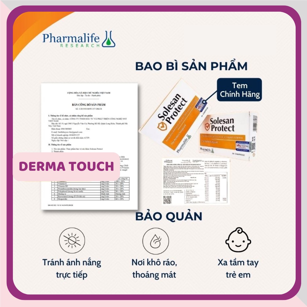 Viên uống chống nắng Solesan Protect, hỗ trợ chống nắng nội sinh, làm mờ nám 30viên - DMP chính hãng Derma Touch