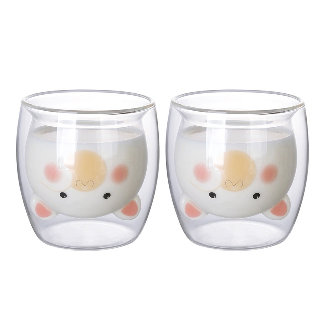 Set 2 cốc thủy tinh hai lớp trong suốt in hình mèo dễ thương chất lượng cao