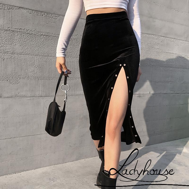 Chân Váy Lưng Cao Xẻ Tà Phối Vòng Kim Loại Màu Trơn Thời Trang Thu Đông Cho Nữ