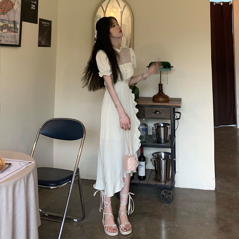 Cổ Phiếu Sẵn Sàng❣Ah F &amp; X Đầm Ren Trắng Tay Ngắn Phong Cách Cổ Điển Retro Mùa Hè