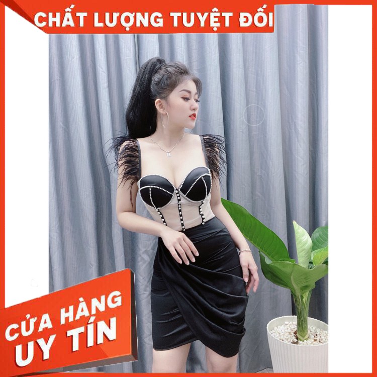 ✔️hienphamstore✔️ Đầm 2 dây CAO CẤP long đà điểu đính cườm, phối voan eo xuyên thấu sexy- DN7253