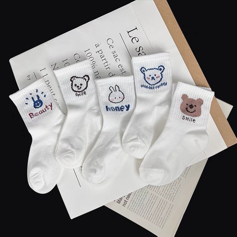 Set 5 đôi tất hình Gấu Trắng cho bé trai bé gái chất len cao cổ đóng túi Zip cao cấp