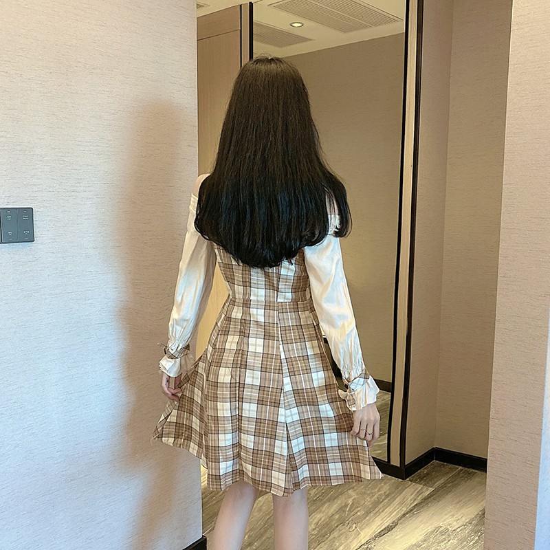 Đầm váy nữ cổ vuông, mẫu váy đầm kẻ caro dáng xòe mặc được cổ vuông và trễ vai-L042 | BigBuy360 - bigbuy360.vn