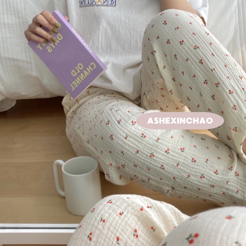 𝐚𝐬𝐡𝐞𝐱𝐢𝐧𝐜𝐡𝐚𝐨: Quần mặc nhà muslin hoạ tiết cherry