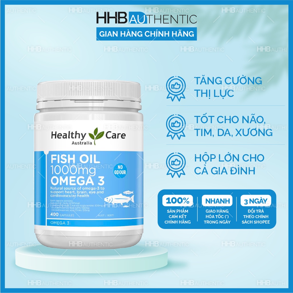 Dầu cá Fish Oil 1000mg Omega 3 400 viên Healthy Care Fish Oil Omega 3 1000mg - Xuất xứ Úc