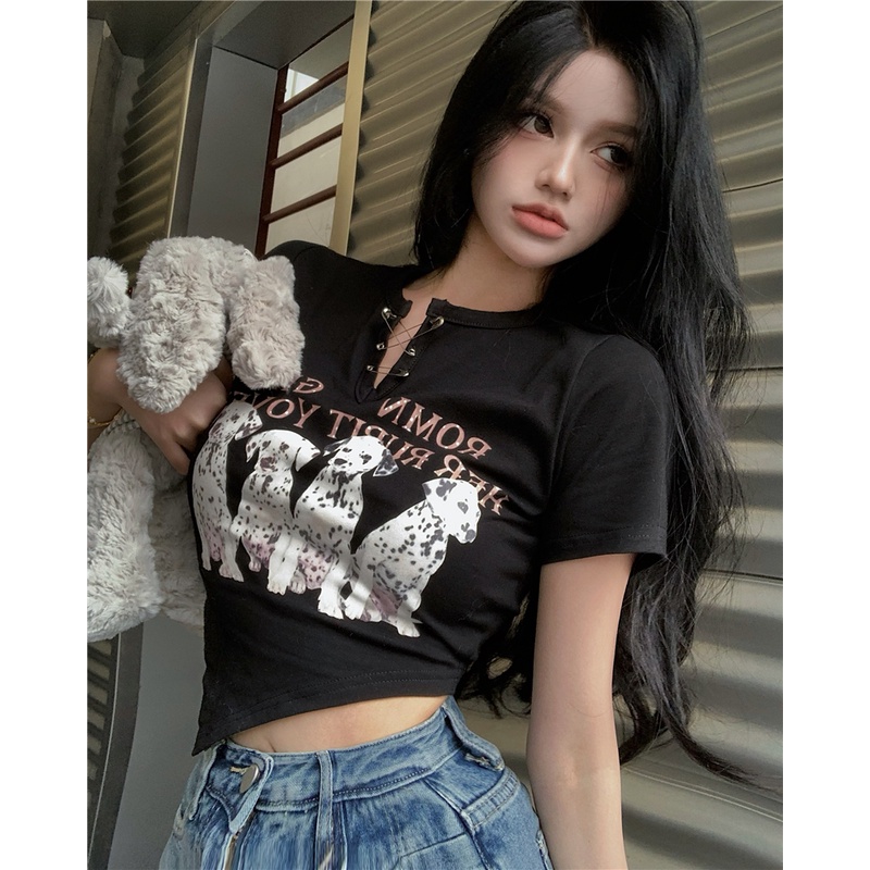 Cocory vn Áo Thun Croptop Tay Ngắn Cổ Chữ V In Họa Tiết Hoạt Hình Thời Trang Quyến Rũ Cho Nữ