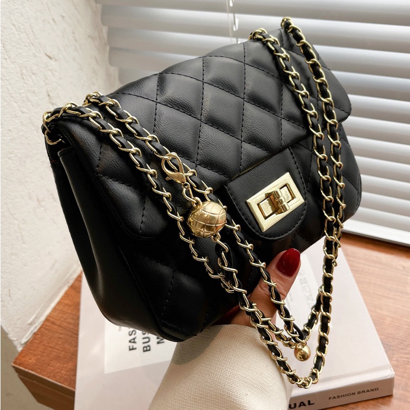 Túi đeo vai IELGY màu trơn họa tiết hình thoi phối dây chuỗi mắt xích thời trang dành cho nữ