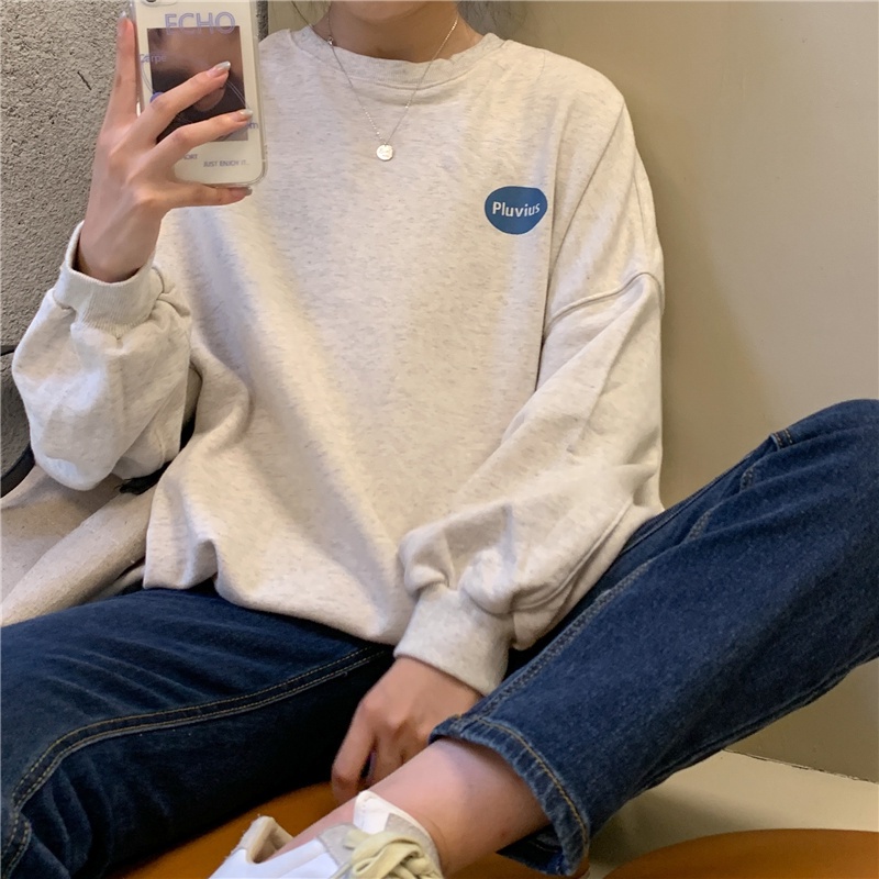 Áo nỉ dài tay cổ tròn dáng rộng in chữ phong cách Hàn Quốc mới