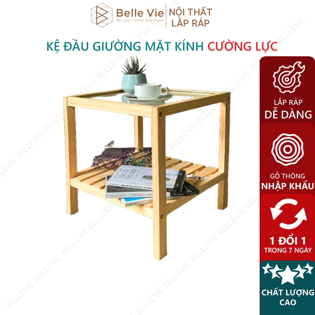 Kệ Đầu Giường BELLEVIE Tab Đầu Giường, Kệ Gỗ Khung Gỗ Mặt Kính 2 Tầng Mặt Kính Cường Lực - KDG MK