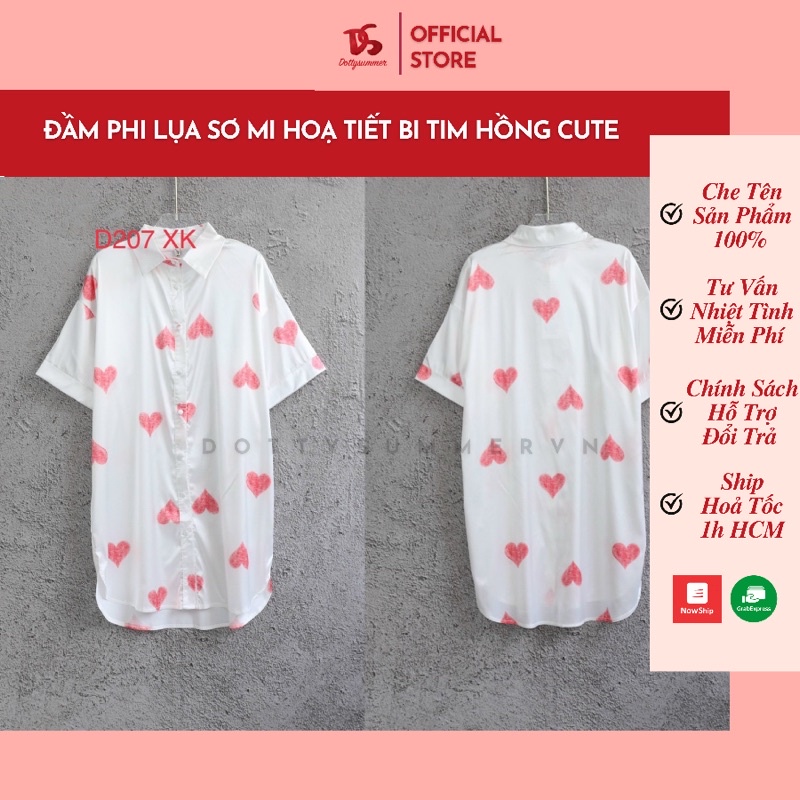 [Cao Cấp] Đầm Ngủ Pajamas Sơ Mi Phom Rộng Phi Lụa Cao Cấp, Đầm Sơ Mi Lụa Satin Mịn Mát &amp; Ít Nhăn Trái Tim Dễ Thương