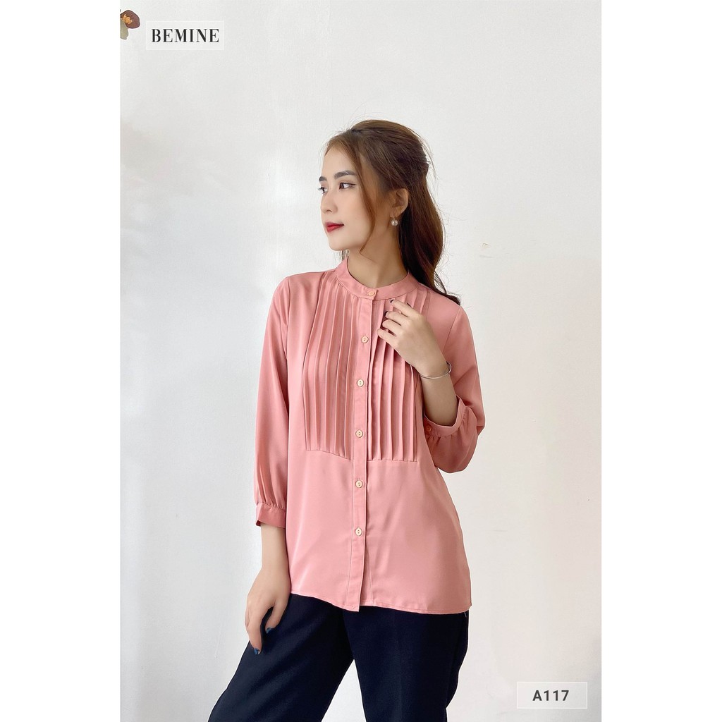 Áo sơ mi nữ công sở cổ trụ xếp ly kiểu dáng thanh lịch BEMINE A117HONG