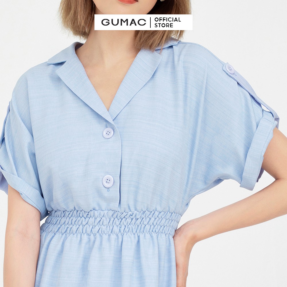 [Mã MABR07062 giảm 8% tối đa 50K đơn từ 249K] Đầm nữ thiết kế eo chun cổ lật GUMAC màu xanh DB572 | BigBuy360 - bigbuy360.vn